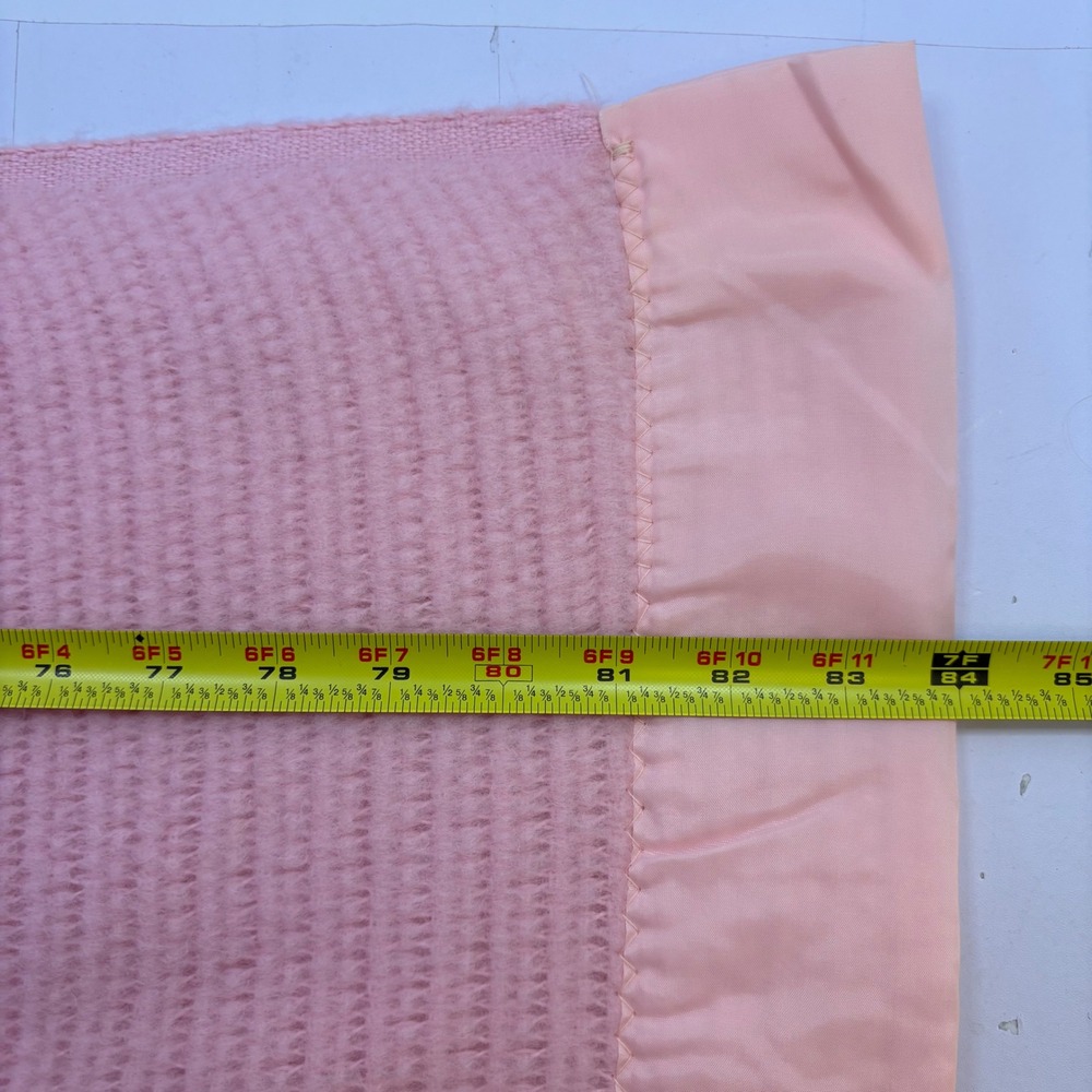 Vtg Baby Pink Thermal Waffle Knit Blanket Satin Trim Edge Full Queen 82x84 - Picture 8 of 8